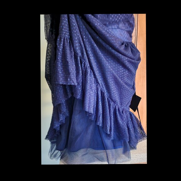 Lulu's Adorable Event Navy Blue Mesh One-Shoulder Swiss Dot Mini Dress - Picture 12 of 15